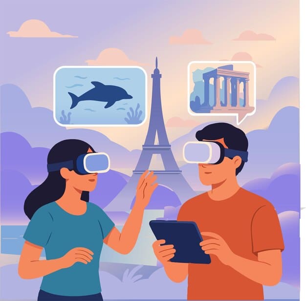 Two users wearing VR headsets are seen exploring the Eiffel Tower in Paris together in Google Earth VR. They are pointing and gesturing at the virtual landmark, highlighting the collaborative and social aspect of the application.