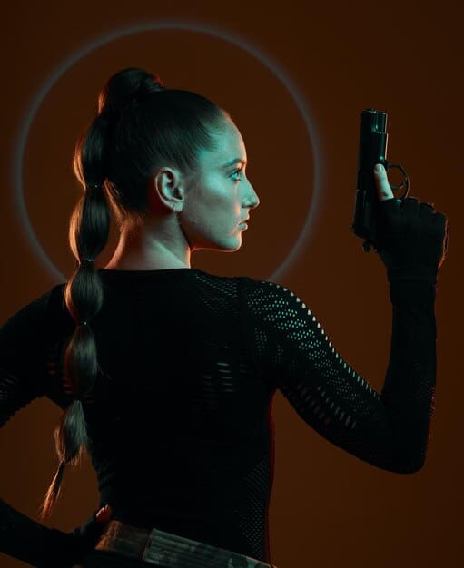A first-person view of a player in 'Pistol Whip', showing their virtual hands holding neon-lit pistols, ready to shoot at an approaching wave of stylized enemies in a dark, cyberpunk-themed arena.