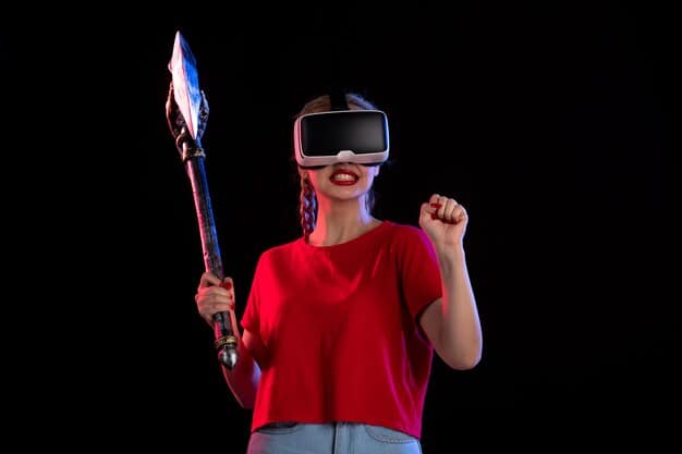 A player wearing a VR headset actively dodging a bullet in Superhot VR. The image captures the physical engagement and immersion that defines the game. Red crystalline enemies surround the player.