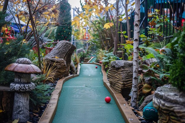 A wide, panoramic image of a fantasy themed mini-golf course in Walkabout Mini Golf VR. The course is set in a steampunk inspired environment with intricate gears and cogs, floating platforms, and airships in the sky. Players' avatars are seen scattered throughout the course, emphasizing the social aspect.