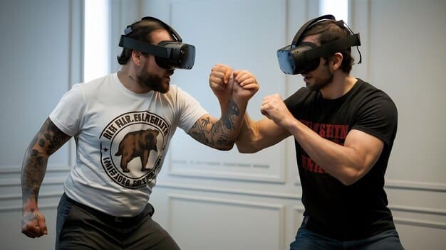 A screenshot from Pavlov VR showing two players engaging in a gunfight in a warehouse setting. One player is taking cover behind crates, while the other is firing an SMG. The scene highlights the game's tactical elements and realistic combat.