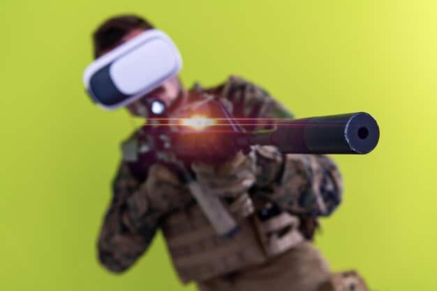 A player in Pavlov VR carefully aiming down the sights of a sniper rifle. The image emphasizes the precision and skill required for long-range engagements in the game.