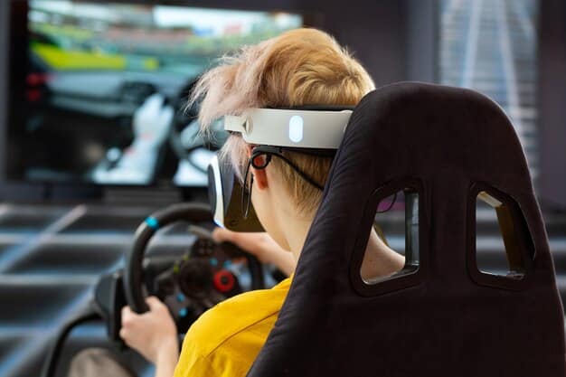 A photograph of a racing simulator setup, including a VR headset, racing wheel, pedals, and a supportive seat, demonstrating a complete immersive racing environment.