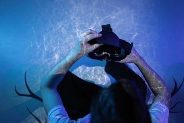 A dark, shadowy image from inside the Subnautica VR game. The player is looking out from a small, open submersible at the glowing eyes of a massive Reaper Leviathan creature lurking in the distance. The scene is dimly lit, emphasizing the creature's size and the player's vulnerability.