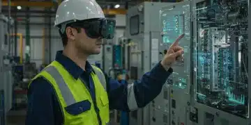 Field service technician using augmented reality headset for equipment repair