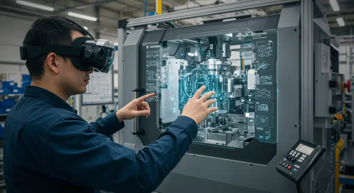 Industrial worker guided by AR during machinery repair