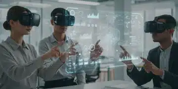 Mastering AR for Remote Collaboration: Tools & Strategies for US Businesses Professionals using AR headsets for remote collaboration on a holographic project in a modern office.