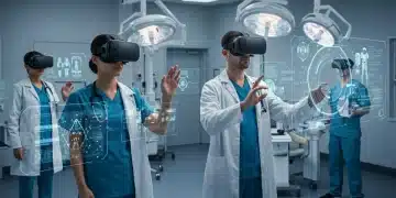 Healthcare professionals training with VR headsets in a virtual hospital environment.