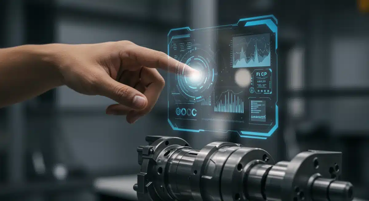 Hand interacting with holographic interface for technical remote assistance.