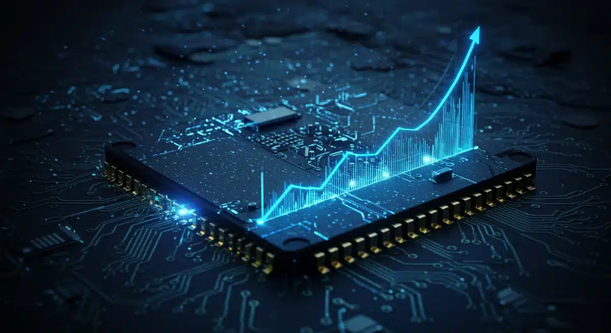 Advanced microchip with performance graph illustrating VR processing power.