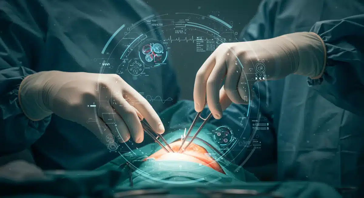 Surgeon performing virtual reality surgery with haptic feedback.