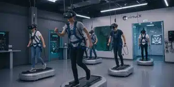 People experiencing Virtuix Omni Arena, running and immersed in virtual reality gameplay.