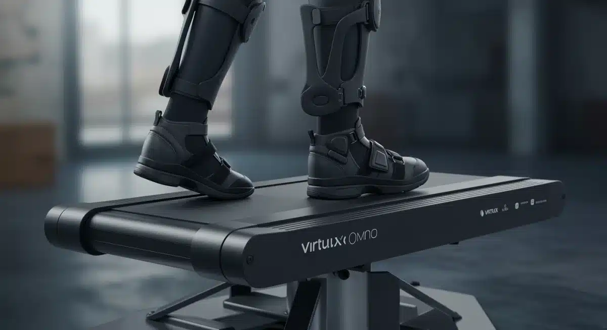 Close-up of Virtuix Omni Pro hardware, highlighting the harness and treadmill design.