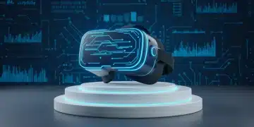 Futuristic VR headset with advanced chipset technology for business applications.