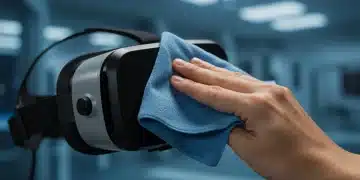 Person meticulously cleaning VR headset lenses with microfiber cloth