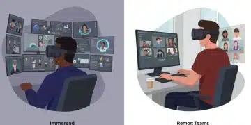 Two remote workers in VR headsets, one in a realistic virtual office, another in a stylized meeting room, comparing virtual collaboration environments.