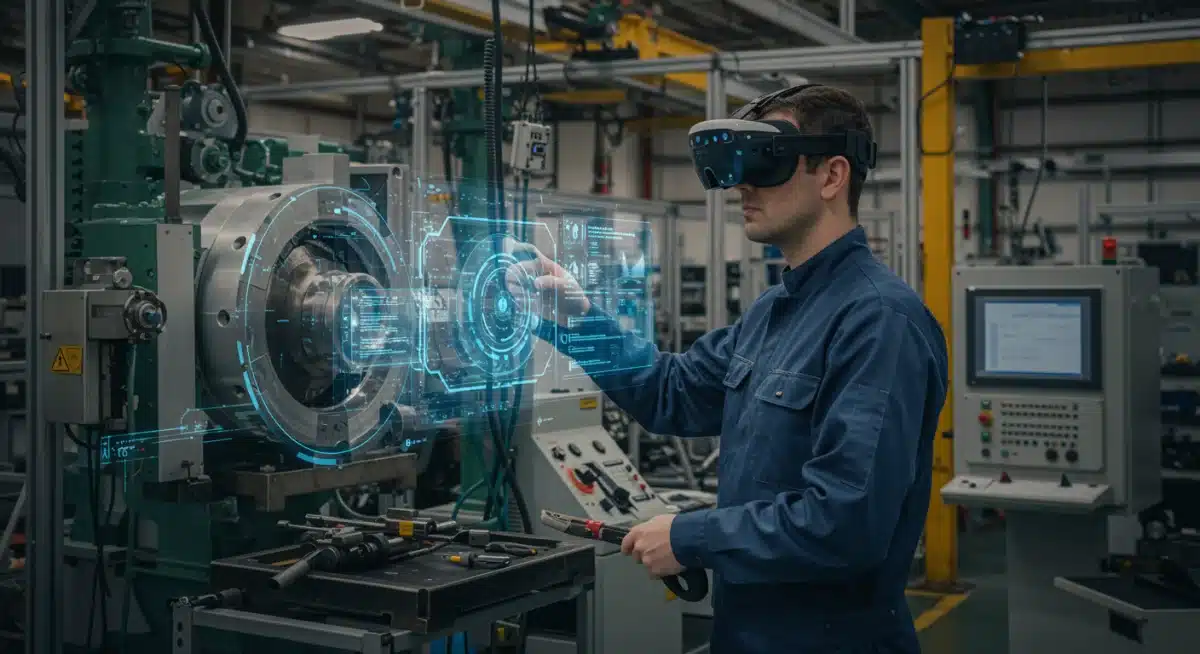 Industrial technician using augmented reality for maintenance on a factory floor.