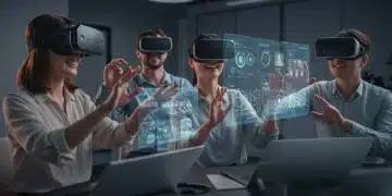 Professionals engaged in a virtual conference using the updated Engage VR app with advanced features.