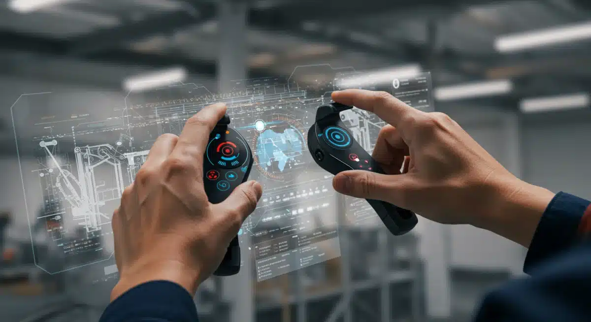 Engineer's hands interacting with virtual controls in a VR simulation, demonstrating precise operational training.