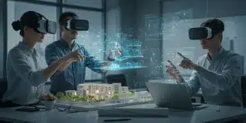 Engineers collaborating in a VR environment, analyzing a complex 3D architectural design model with holographic interfaces.