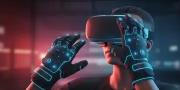 Futuristic VR headset and haptic gloves demonstrating next-gen immersion