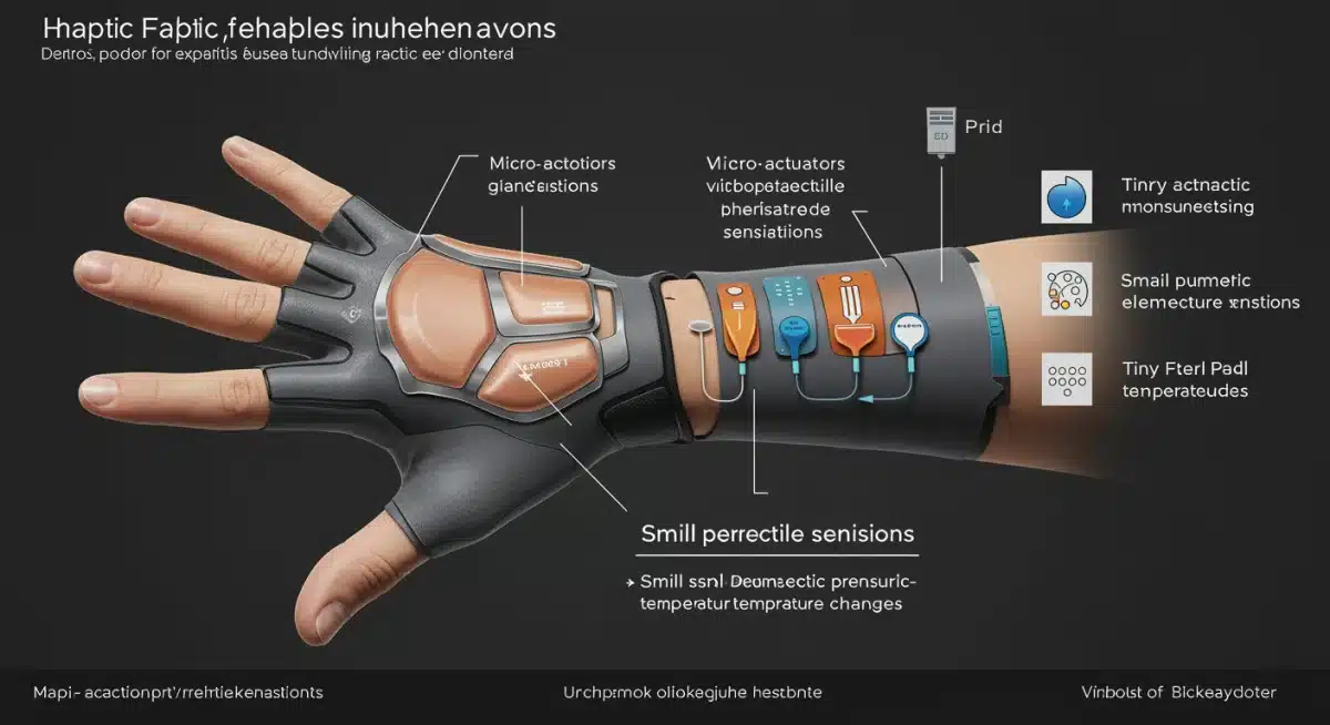 Detailed illustration of haptic glove technology showing multiple feedback layers