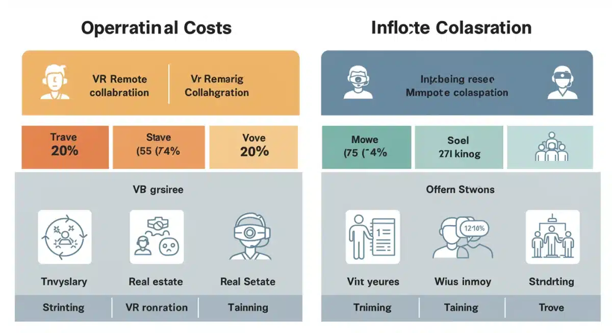 Infographic showing a 20% operational cost reduction through VR remote collaboration, including travel, real estate, and training savings.