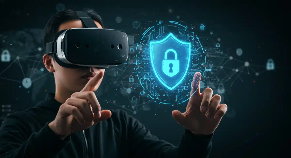 User in VR headset with digital shield, symbolizing secure virtual interactions and data encryption