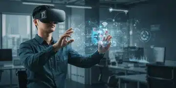 Professional in VR headset using Wi-Fi 7 and 5G for business collaboration