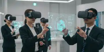 Business professionals using VR headsets for sales and marketing in a modern office