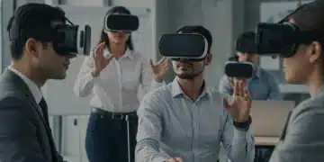 Professionals using VR headsets for enterprise training in a modern office