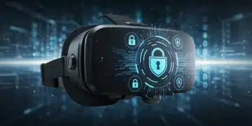 Futuristic VR headset with digital security icons, representing advanced data protection strategies