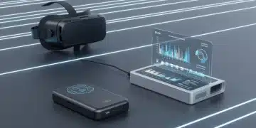 Futuristic VR headset with external battery pack for extended use