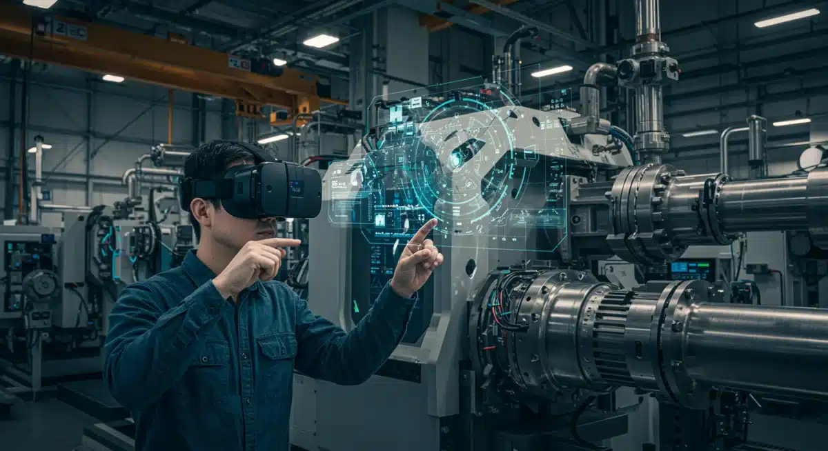 Engineer using AR headset for machinery inspection and remote assistance