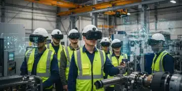 Industrial workers using AR headsets for training on complex machinery, showing holographic instructions.