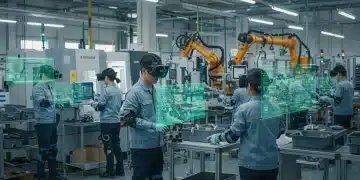 Workers using AR headsets on a manufacturing assembly line, displaying digital overlays for guidance.