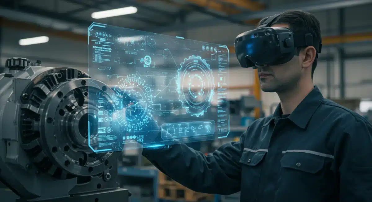 Manufacturing technician receiving remote AR assistance on complex machinery.