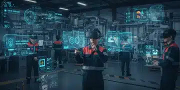 Industrial workers using VR headsets for safety training in a factory setting.