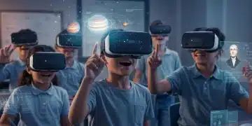 K-12 students using VR headsets in an interactive virtual classroom, exploring educational content.