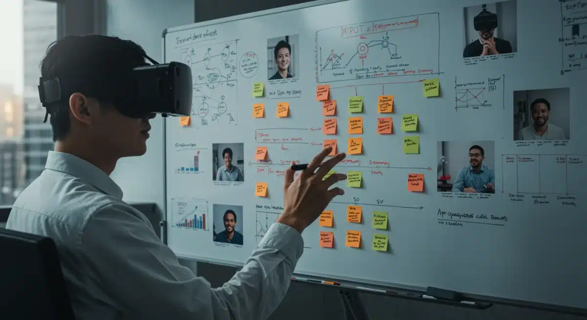 Virtual reality meeting with collaborative whiteboard features