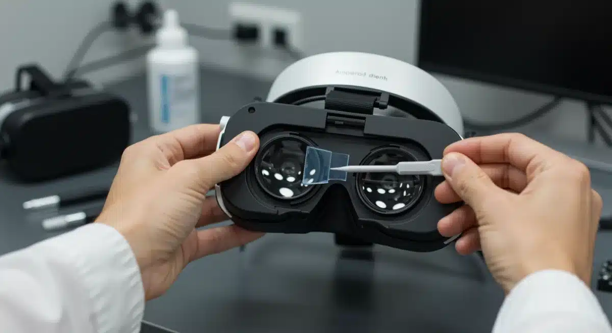 Technician cleaning enterprise VR headset lenses for optical clarity