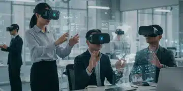 Top 5 VR Headsets for Business in 2026: U.S. Enterprise Guide Business professionals using advanced VR headsets in a modern office setup for enterprise collaboration in 2026.