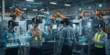 VR Industrial Training: 15% ROI for US Manufacturing by Q1 2026 Manufacturing workers training with VR headsets in a simulated industrial environment, focusing on safety and efficiency.