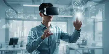 Professional working in a virtual reality office with productivity apps