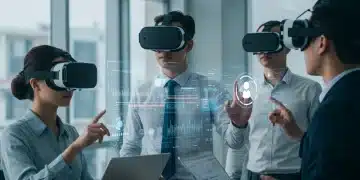 VR Project Manager 2026: Features, Impact & Deadlines Review Professionals collaborating in a virtual reality environment with VR Project Manager 2026, showcasing holographic project timelines and data.