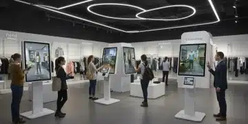 Customers engaging with augmented reality in a modern retail environment, visualizing products.