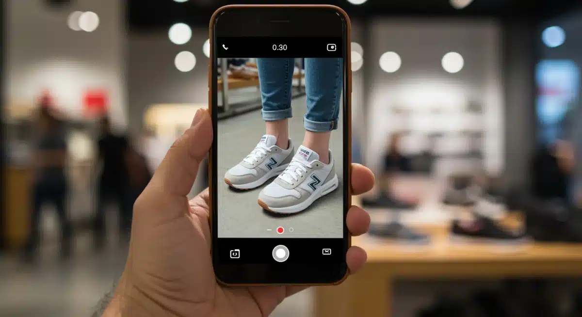 Shopper trying on virtual sneakers using an augmented reality smartphone application in a retail store.