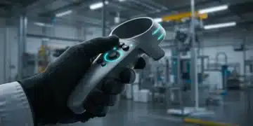Futuristic VR controller with haptic feedback in an industrial setting