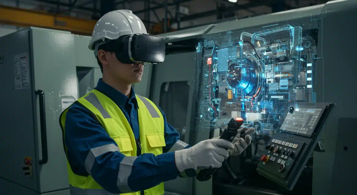 Industrial worker learning complex machinery through VR simulation