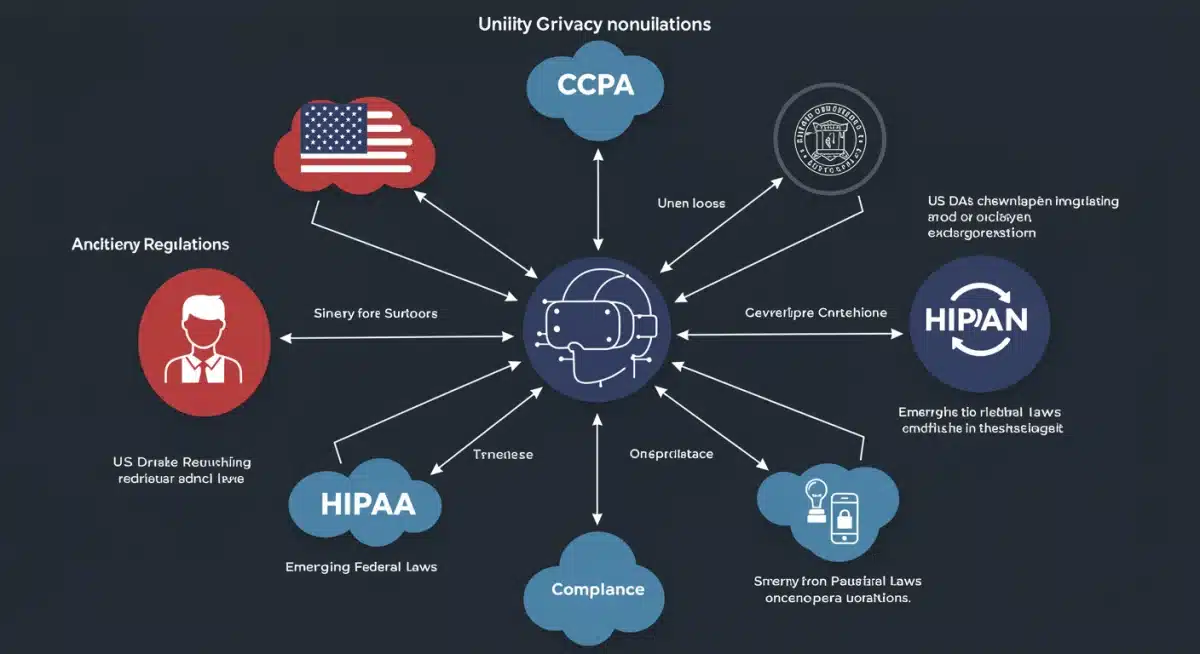 Infographic depicting interconnected US data privacy regulations and VR's role in compliance.